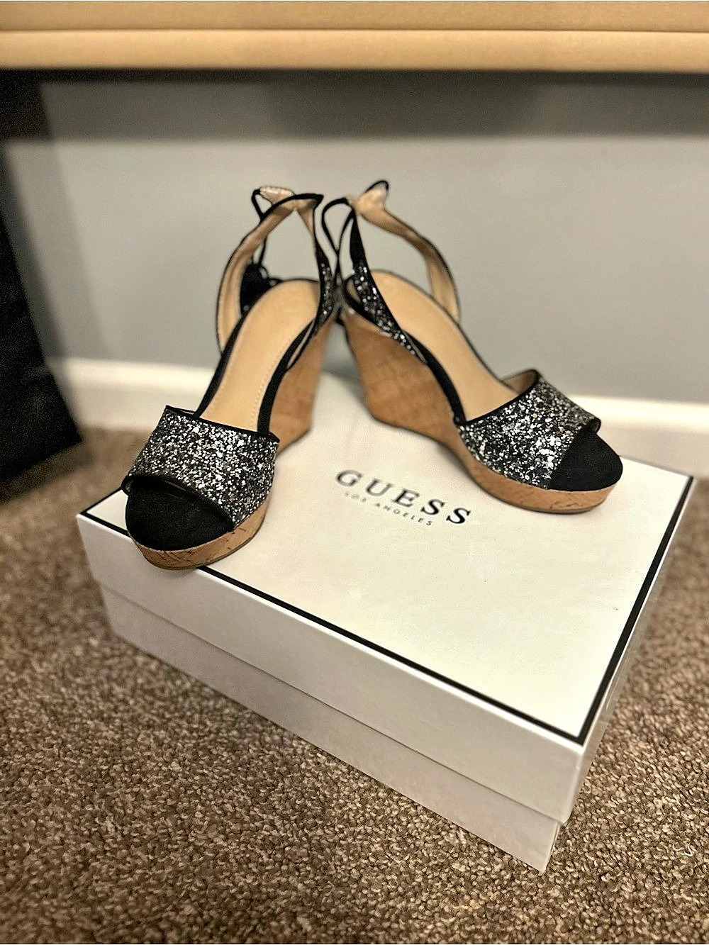 GUESS Glitter Wedge Sandals in Black & Silver Like New